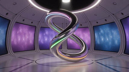 Poster - Infinity Loop in futuristic Space: A captivating, metallic infinity loop takes center stage within a sleek, futuristic room illuminated by vibrant, colored panels.