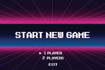 Poster - START NEW GAME. pixel art .8 bit game. retro game. for game assets in vector illustrations. Retro Futurism Sci-Fi Background. glowing neon grid. and stars from vintage arcade comp.