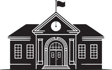 Poster - School building with clock and flag flat icon for apps and websites 