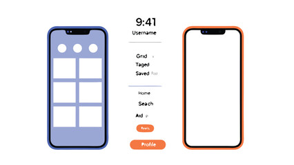 Instagram profile screen mockup with grid layout and navigation menu in flat mobile app interface design
