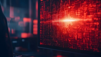 Poster - A close-up of a digital display transmitting red data signals, showcasing modern technology's power and complexity in an abstract design.