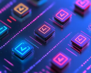 Poster - A close-up view of illuminated buttons with vibrant neon colors, showcasing a futuristic design. Ideal for subjects related to technology, innovation, and modern interfaces.