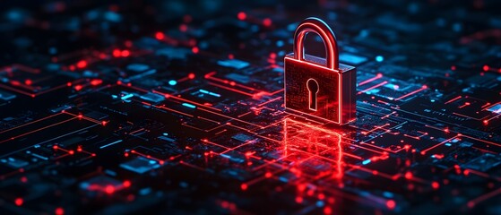 Poster - A digital lock surrounded by glowing circuits symbolizes cybersecurity and data protection