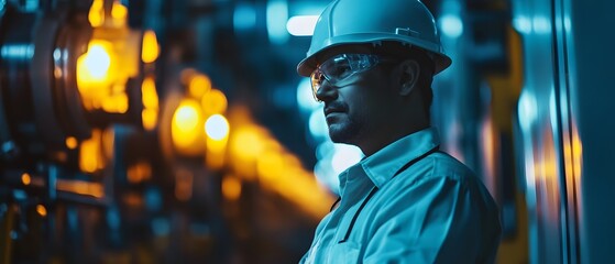 Poster - A focused engineer in protective gear analyzing machinery in a modern industrial setting with glowing lights.