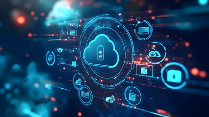 Poster - A futuristic cloud computing concept showcasing digital security, data protection, and interconnected devices