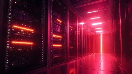 Poster - A futuristic data center illuminated by vibrant red lights, showcasing rows of servers and advanced technology, creating an atmosphere of innovation and digital connectivity.