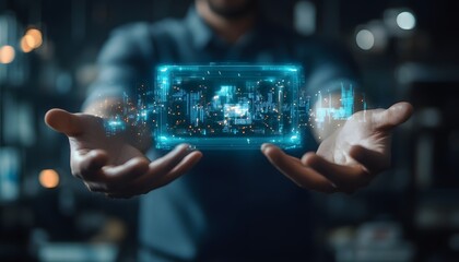 Poster - A person using holographic technology, displaying digital information in their hands, representing innovation.