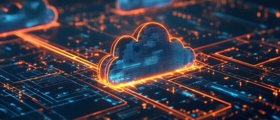 Poster - A vibrant digital representation of a cloud symbol, emphasizing connectivity and data transfer in a futuristic landscape of glowing circuits and nodes, illustrating modern technolo