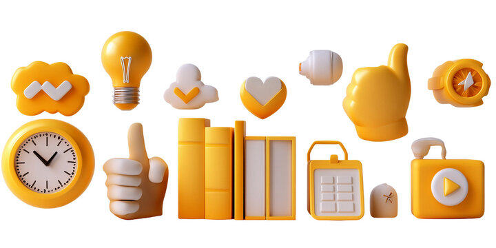 A collection of yellow and white 3d rendered icons isolated on transparent background