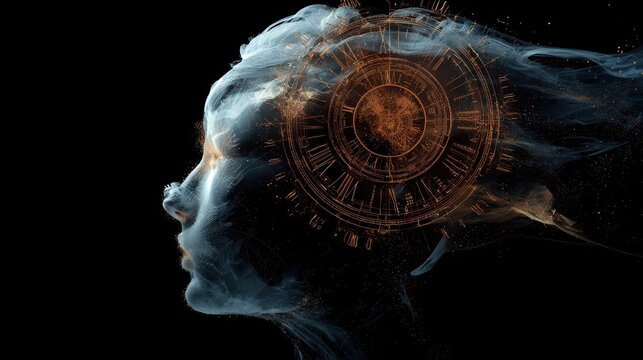 Abstract digital head profile with horoscopic wheel on dark backdrop. Fortune and future concept. 3D Rendering , no logos, no brands
