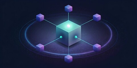 Fototapete - A central glowing cube connects to surrounding nodes in a digital network.