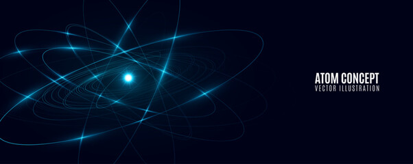 Poster - Futuristic glowing atom featuring blue elliptical rings circling a radiant central core on a dark background. Atomic structure concept for Science and Technology presentations. Vector illustration.