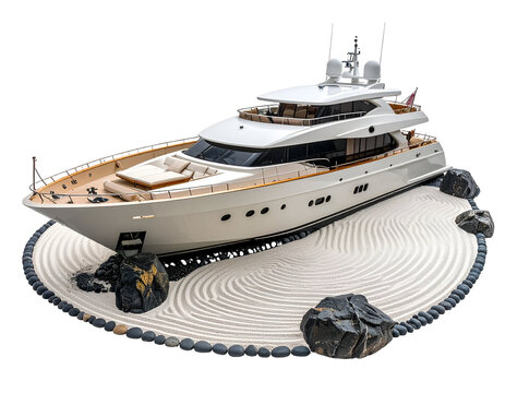 Luxury Yacht on Zen Garden 3D Illustration