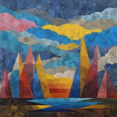 Poster - A vibrant abstract landscape featuring geometric shapes in layered colors of blue, yellow, red, and brown, resembling stylized mountains and sky.
