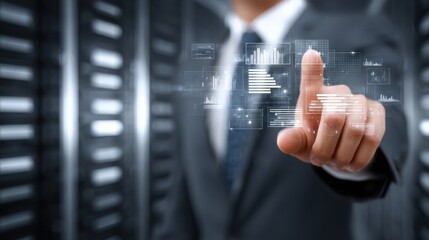 Poster - business, people and technology concept - businessman in suit with charts on virtual screen over server room background, no logos, no brands