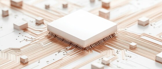 Poster - Computer chip connects complex metallic networks. White processor above intricate pattern of circuits symbolizes the function of neural networks.
