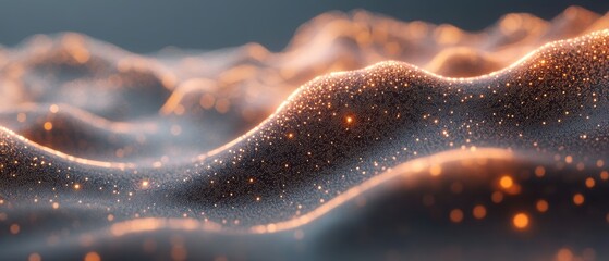 Poster - Abstract waves surface shines bright orange light. Conceptual neural networks structure, background of computer science exploration, connection system elements.