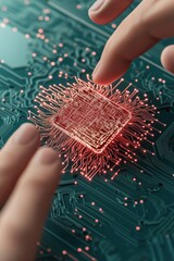 Poster - Fingers touch circuit board with central processor. Red glow emanating from core. Data streams on surface represent neural networks.