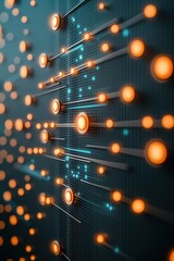 Poster - Glowing Orange Nodes Connect Across Dark Grid, Forming Artificial Neural Networks, Sending Electrical Signals, Creating Network Connections