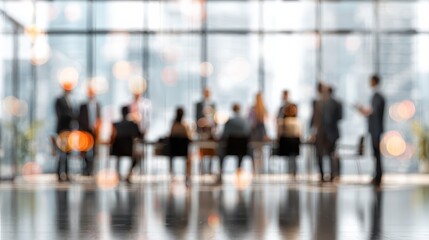 Poster - Out of focus businesspeople gathered in a modern conference room, glass walls, urban office backdrop, motion blur Business concept, motion bokeh background