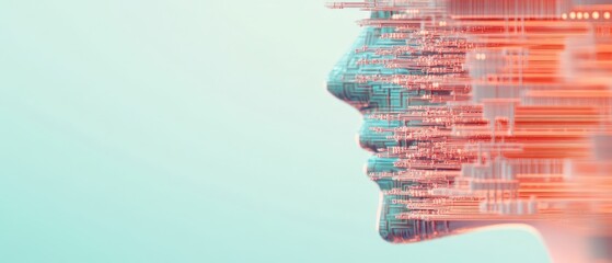 Poster - Artificial intelligence head with circuit board pattern. Neural networks concept. Face profile showing connections and data transfer on bright background.