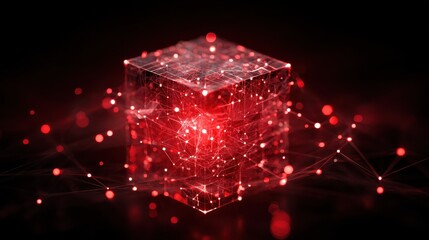 Poster - Red glowing cube displays dynamic digital network connections. Abstract tech image. Data storage system representation. Futuristic design. Glowing lights, connections suggest innovation. Modern