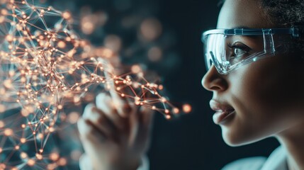 Poster - Person in lab coat looks at connected network of glowing particles with safety goggles. Abstract neural networks shown against dark backdrop.