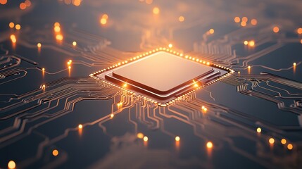 Poster - Central Processor Unit close up. Glowing orange lights highlight circuits. Neural networks technology concept. Data processing and calculations shown on dark surface.