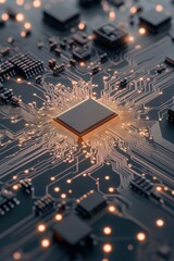 Poster - Artificial neural network circuit board close up with lights showing data flowing between components and processors on dark surface
