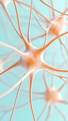 Poster - Orange Neural Network Nodes Connecting on Light Blue Background. Interconnected System of Artificial Intelligence Neurons. Communication Structure. Complex Digital Data Pattern.