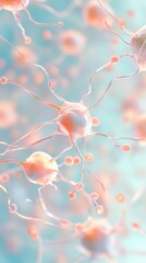 Poster - Interconnected network of biological neurons on bright background. Close up detailed view of neural system cells. Connection and transfer of information.