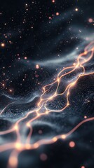 Poster - Artificial Intelligence: Connected orange lines across network with white digital particles. Futuristic background with blurry focus and dark tone.