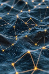 Poster - Glowing connections form networks across textured surface. Neural network concept for science or data analysis visual. Artificial system learning and linking nodes.