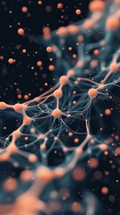 Poster - Connected spheres with thin lines forming networks. Abstract background with small bokeh particles. Artificial neural networks concept.