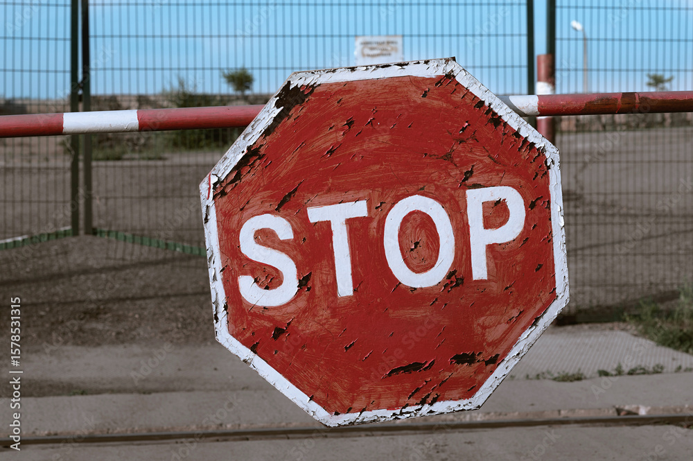 Foto de Stock Old Red Stop Sign on a barrier. No entry. Rust and ...
