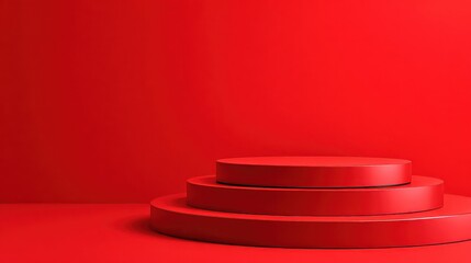 Poster - Creative pedestal on red background. Presentation and mock up concept. 3D Rendering, no logos, no brands