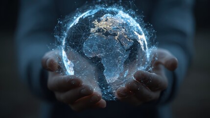 Poster - Person holds digital earth globe illuminated with connections. Represents tech, global communication, awareness, oneness. Earth in hands shows abstract network, datum, symbol, progress, resource,