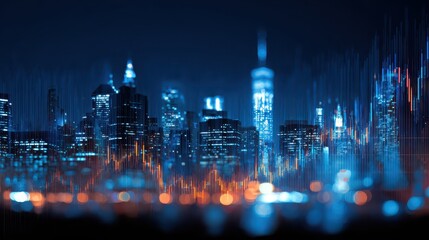 Poster - Creative glowing blue night new york city background with grid forex chart. Trade and stock concept. Double exposure , no logos, no brands