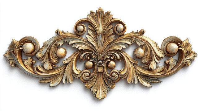 a gold filigree badge design, perfectly symmetrical, 3d rendering beautiful golden relief isolated on white. luxury carving decoration of architecture. classic interior detail made of gold.

