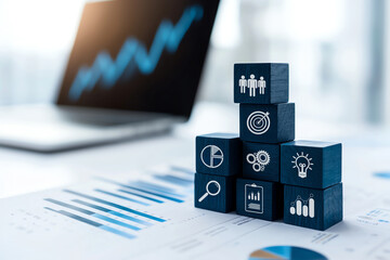 Poster - Blue wooden cubes with business icons are stacked on table, symbolizing teamwork, strategy, and innovation. laptop displaying graph is in background, enhancing professional atmosphere
