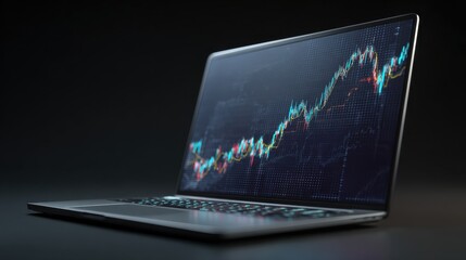 Poster - Here's a description and keywords for the image.. Laptop displays upward stock market trend graph.