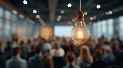 Poster - An event showcasing innovative business ideas in a corporate office, with a lightbulb symbolizing creativity and innovation.