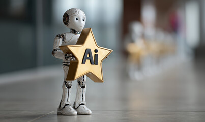 Fototapete - Humanoid stand in open office hold gold star awards write 