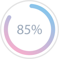 Blue pink gradient circle percentage diagrams 85%, simple indicator infographic flat design vector illustration loading data interface elements app button ui ux web isolated on white background