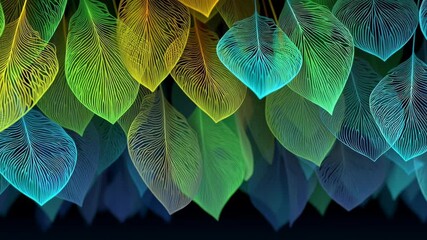 Poster - Colorful abstract illustration of layered leaves with intricate patterns, showcasing vibrant hues of green, blue, yellow, and orange, creating a visually striking and dynamic natural design concept