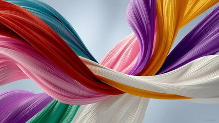 Poster - Colorful piece of fabric with a rainbow pattern. The colors are bright and vibrant, creating a sense of energy and excitement. The image is abstract and artistic, with the fabric flowing