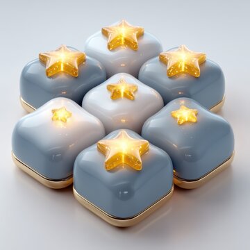 Glossy cubes topped with glowing golden stars arranged in a hexagonal pattern on a white surface, AI computer devices on white background