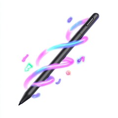 Fototapete - A sleek digital stylus with colorful neon swirls and symbols floating around, symbolizing creative digital art and design, AI computer devices on white background