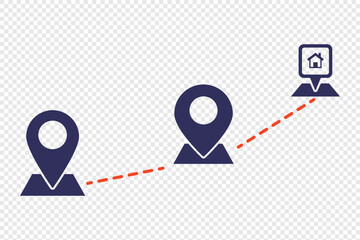 Poster - Map and location symbols set. Geolocation map distance path. Location icon. Location pin place marker. Pinpoint, map search, route, navigator. Route icon. A destination on a map. A symbol of distance.