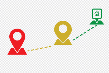 Poster - Map and location symbols set. Geolocation map distance path. Location icon. Location pin place marker. Pinpoint, map search, route, navigator. Route icon. A destination on a map. A symbol of distance.